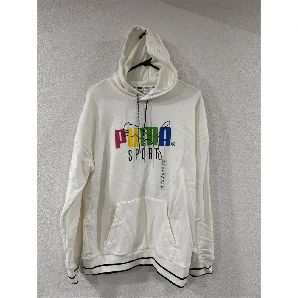 Puma Sports Spell Out Logo White Hoodie Rainbow Color Graphics Sz Medium